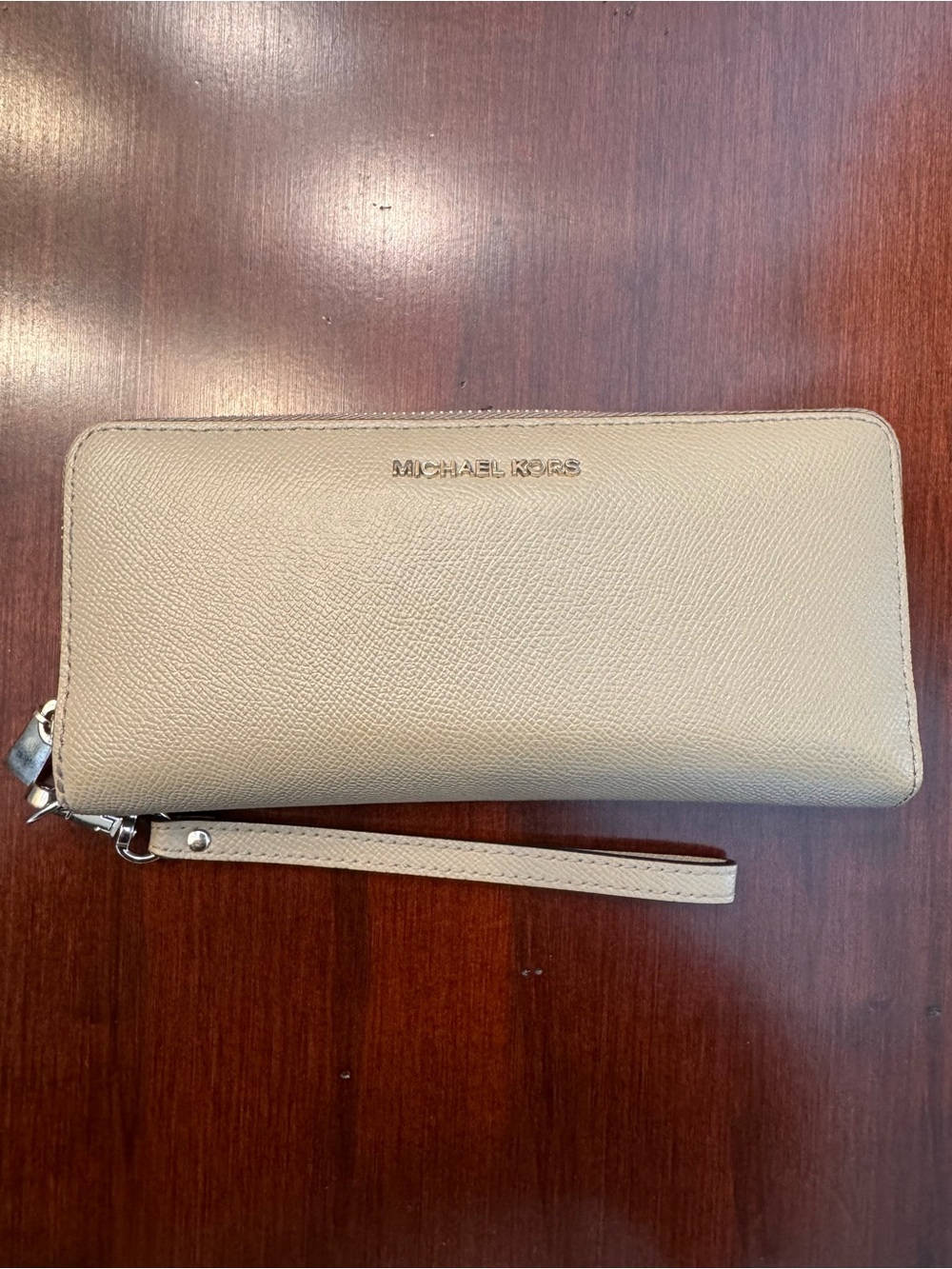 Michael Kors Taupe Pebbled Leather Wristlet Wallet with Gold Logo